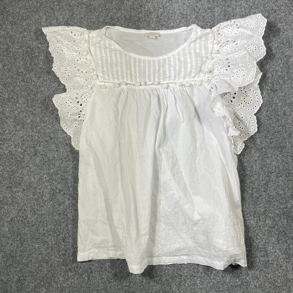 Jennifer Grace Blouse Sz Medium White Eyelet Lace Flutter Sleeve Peasant Prairie